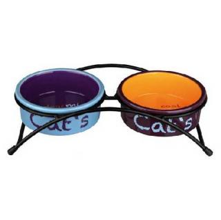 Set keram.misek se stojánkem 2x0,3 l/12cm modrá/oranž/fialová
