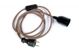 Textilní  kabel s objímkou, vypínačem a vidlicí k lampičce Barva: černohnědý cig cag