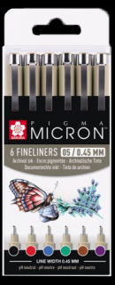 Kreativní pera Pigma® Micron Sakura 05/0.45mm - sada 6ks (SAKURA Pigma® Micron Základní odstíny)
