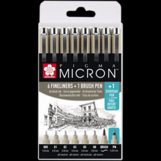 Sada technických per SAKURA Pigma Micron - 7+1ks ZDARMA (Sakura Pigma Micron 6 Fineliners + 1 Brushpen + 1 Everyday pen)