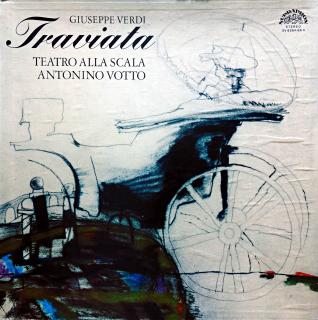 3xLP Giuseppe Verdi, Renata Scotto, Conducted By Antonino Votto - La Traviata (V kartonovém boxu včetně brožury (12 stran). Všechny tři desky jsou mírně ohrané s jemnými vlásenkami. Hrají fajn, velmi dobrý zvuk. Box je v pěkném stavu.)