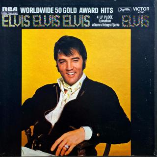 4xLP Elvis ‎– Worldwide 50 Gold Award Hits (V kartonovém boxu včetně brožury s velkými fotkami Elvise. Všechny čtyři desky jsou v pěkném stavu, pár jemných kosmetických oděrek na čtvrté desce. Všechny hrají fajn, bezvadný zvuk. Box jen lehce obnošený s dr