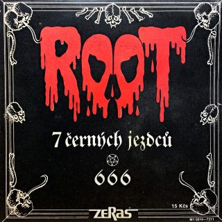 7  Root – 7 Černých Jezdců / 666 (Deska je trochu ohraná, mnoho jemných vlásenek a dvě malé povrchové oděrky. Hraje fajn, dobrý zvuk, mírný praskot v tiché pasáži. Obal je zachovalý s popisky na obou stranách viz foto a má malou trhlinku na hraně cca 5 mm