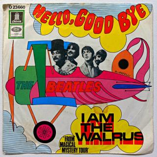 7  The Beatles – Hello, Goodbye / I Am The Walrus (Deska je hodně ohraná, posetá vlásenkami i jemnými oděrkami. Hraje dobře s mírným praskotem v záznamu, v tichých pasážích praskot výraznější. Obal je vzadu zašpiněný viz foto.)