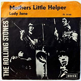 7  The Rolling Stones – Mother's Little Helper (Deska je hodně ohraná, posetá vlásenkami i drobnými oděrkami. Nicméně hraje dobře s výraznějším praskotem, ale záznam nepřehlušuje. Obal je trochu obnošený a pokrčený, na zadní straně popsaný propiskou.)