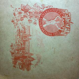 7  Various ‎– I. Celostátní Spartakiada 1955 (Červený průsvitný vinyl. Deska mírně ohraná s jemnými vlásenkami. Jen mírný praskot v záznamu. Obal trochu obnošený.)