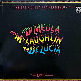 LP Al Di Meola / John McLaughlin / Paco DeLucía ‎– Friday Night In San Francisco (Deska je v pěkném stavu, jen velmi lehké stopy používání. Hraje fajn, pouze mírný praskot v záznamu. Obal má hrany (celkem zdařile) olepené páskou viz foto.)