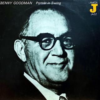 LP Benny Goodman ‎– Porträt In Swing (Deska je v pěkném a lesklém stavu, jen lehce ohraná s jemnými vlásenkami. Zvuk je bezvadný a čistý i v pasážích mezi skladbami. Obal je taky v pěkném stavu, jen velmi lehké stopy používání na zadní straně.)