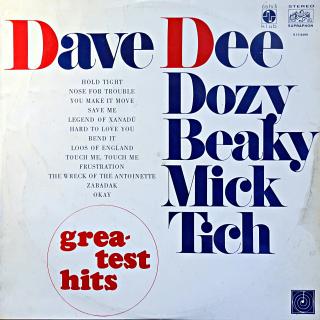 LP Dave Dee, Dozy, Beaky, Mick &amp; Tich ‎– Greatest Hits (Včetně insertu s velkou fotkou. Na desce dva výraznější škrábance, zde jsou slyšet lupance, ale jehla drží v drážce. Obal je obnošený a trochu zašpiněný, vytlačený obrys kotouče na zadní straně (