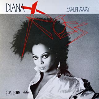 LP Diana Ross ‎– Swept Away (Deska je v krásném a lesklém stavu s několika jemnými vlásenkami. Hraje perfektně, výborný a čistý zvuk i v pasážích mezi skladbami. Rozevírací obal je taky krásný, jen velmi lehké stopy používání.)