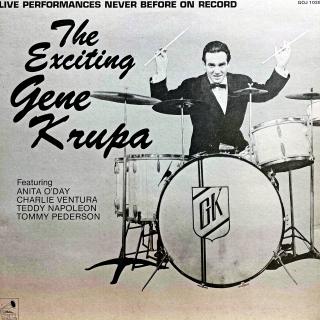 LP Gene Krupa Featuring Anita O'Day - The Exciting Gene Krupa (Deska je v krásném a lesklém stavu, jen pár velmi jemných vlásenek pod ostrým světlem. Bezvadný a čistý zvuk i v tichých pasážích. Obal je taky lesklý a v perfektní kondici.)