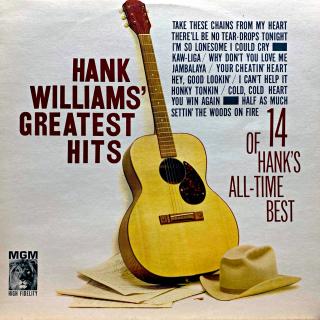 LP Hank Williams ‎– Hank Williams' Greatest Hits (14 Of Hank's All-Time Best) (Deska je v krásném a lesklém stavu, jen pár jemných vlásenek pod ostrým světlem. Bezvadný a čistý zvuk i v pasážích mezi skladbami. Obal je v perfektní kondici.)