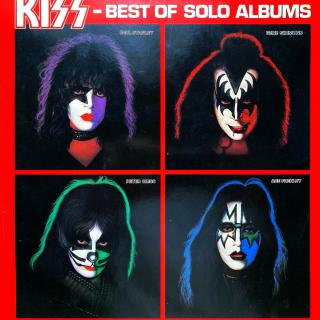 LP Kiss ‎– Best Of Solo Albums (Deska je trochu ohraná, mnoho vlásenek. Hraje fajn s mírným praskotem v tišších pasážích. Obal má proseknutý hřbet spravený lep. páskou. Potisk je z obou stran v pěkném stavu.)