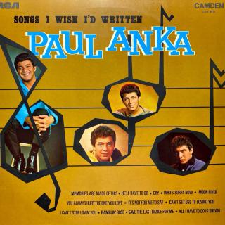 LP Paul Anka ‎– Songs I Wish I'd Written (Deska v pěkném stavu, pár vlásenek a otisky prstů. Hraje fajn, bezvadný a čistý zvuk. Obal taky pěkný, jen velmi lehké stopy používání.)