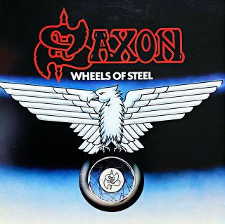 LP Saxon – Wheels Of Steel (Šedý vinyl s černými stříkanci. Originální vnitřní obal s potiskem.)
