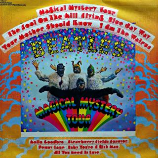 LP The Beatles ‎– Magical Mystery Tour (Deska je hodně ohraná, mnoho vlásenek a pár jemných povrchových oděrek. Hraje dobře s mírným praskotem v záznamu. Obal má hrany olepené páskou vit foto.)