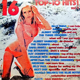 LP Various – 16 Top 10 Hits! Vol. 2 (Deska je pěkná, jen mírně ohraná s jemnými vlásenkami a několika velmi jemnými povrchovými oděrkami. Hraje fajn, dobrý zvuk, jen mírný praskot v pasážích mezi skladbami. Obal je v pěkném stavu.)