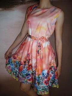 00* Květované letní oranžové šaty s páskem (Velikost : S)
