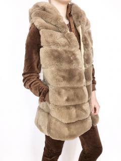 Dámská luxusní vesta kožešinová s kapucí hnědá