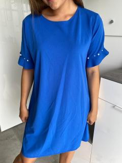 Dámské BASIC šaty s perlami na rukávech modré (Made in Italy)