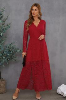 Společenské krajkové maxi šaty s dlouhým rukávem červené L