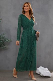 Společenské krajkové maxi šaty s dlouhým rukávem zelené L