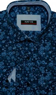 Pánská košile (modrá) s dlouhým rukávem, vypasovaná, vel. 45/46 - N185/905 (Vypasovaná pánská košile s květinovým vzorem)