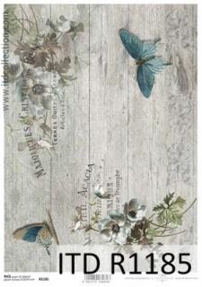 Dřevo, motýli, květiny, nápis