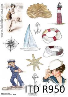 Mořský motiv - loď, kruh, kotva, mušle, námořník