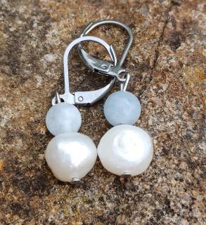 Perly, akvamarín náušnice (perla cca 8 mm, kuličky 6 mm)