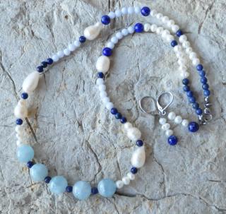 Souprava lapis lazuli, aqua aura, akvamarín (náhrdelník, náušnice)