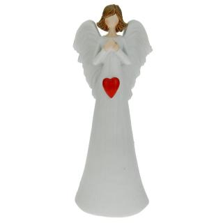 Anděl s červeným srdcem na provázku 24,5 cm (Figurka bílého andílka se srdíčkem)