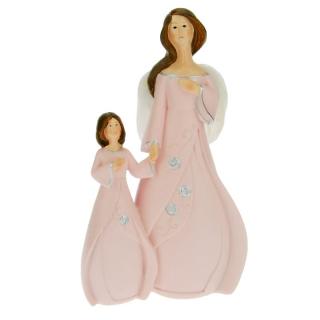 Anděl s dítětem a křídly z peří 19,5 cm (Figurka růžového anděla s dítětem)