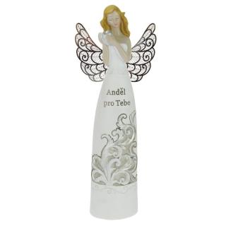 Anděl s kovovými křídly a nápisem "Pro Tebe" 30 cm (Figurka anděla v květovaných šatech)
