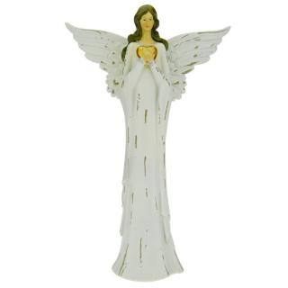 Anděl s roztaženými křídly v bílých šatech a zlatým srdcem 46 cm (Socha stojícího bílého anděla)