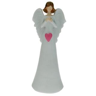 Anděl s růžovým srdcem na provázku 24,5 cm (Figurka bílého andílka se srdíčkem)