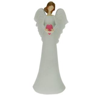 Anděl s růžovým srdcem v dlaních 24,5 cm (Figurka bílého andílka se srdíčkem)