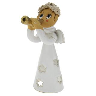 Anděl se šalmají 16 cm (Keramická figurka anděla hrajícího na šalmaj)