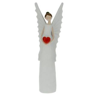 Anděl se špičatými křídly a srdcem 25 cm (Figurka bílého andílka se srdíčkem)