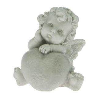 Anděl sedící se srdcem šedý 6,5 cm (Figurka sedícího sádrového andílka)