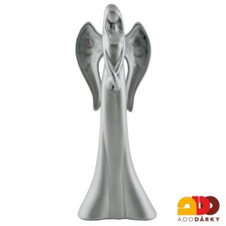 Anděl stojící stříbrný  26 cm (Socha moderního anděla ve stříbrné barvě)