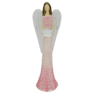 Anděl svícen v květovaných šatech růžový 39 cm (Stojánek na čajovou svíčku anděl v šatech)