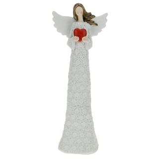 Anděl v bílých květinových šatech se srdcem 24,5 cm (Figurka bílého andílka se srdíčkem v rukách)