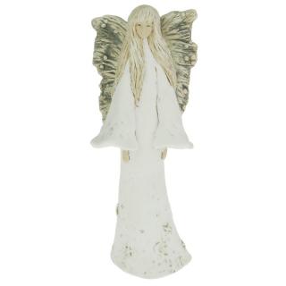 Anděl v bílých šatech s ozdobnými křídly 34 cm (Anděl vysoký s velkými křídly)