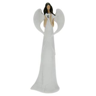 Anděl v bílých šatech se stříbrným srdcem 30 cm (Figurka bílého andílka se srdíčkem)