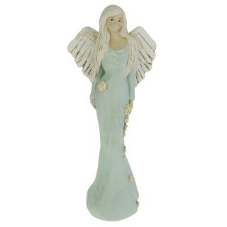 Anděl v modrých šatech s květy 32 cm (Anděl vysoký s tmavými křídly)