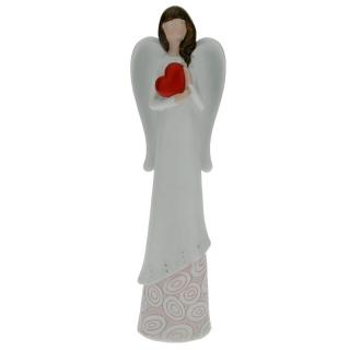 Anděl v růžové krajce se srdcem v dlaních 25 cm (Figurka růžového andílka se srdcem)