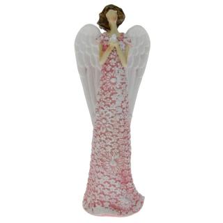 Anděl v růžových květinových šatech s ptáčkem 20 cm (Figurka růžového andílka se srdíčkem v rukách)