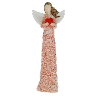 Anděl v růžových květinových šatech se srdcem 10 cm (Figurka růžového andílka se srdíčkem v rukách)