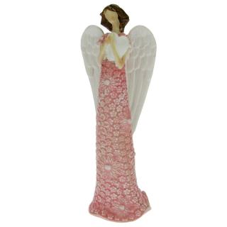 Anděl v růžových květinových šatech se srdcem 25 cm (Figurka růžového andílka se srdíčkem v rukách)